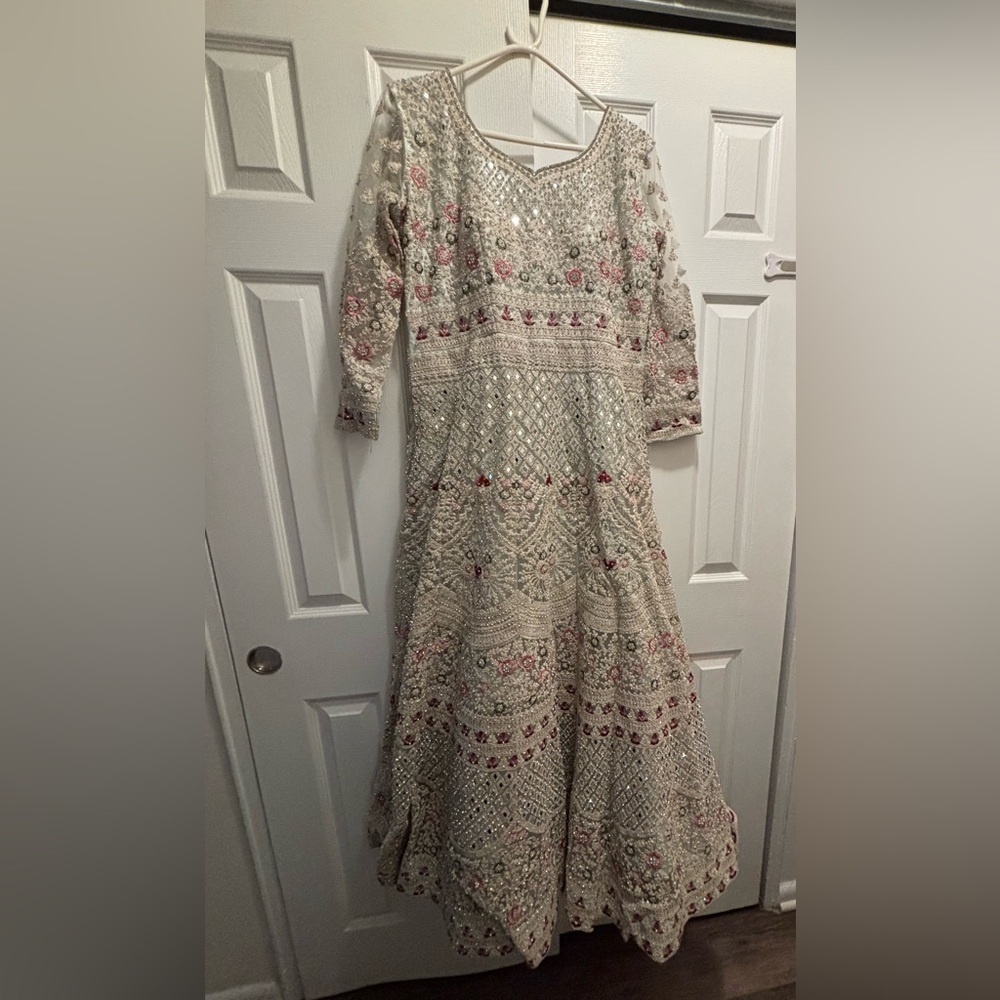 Indian Wedding Lehenga Embroidered Dress in Cream and Pink/Sage Green